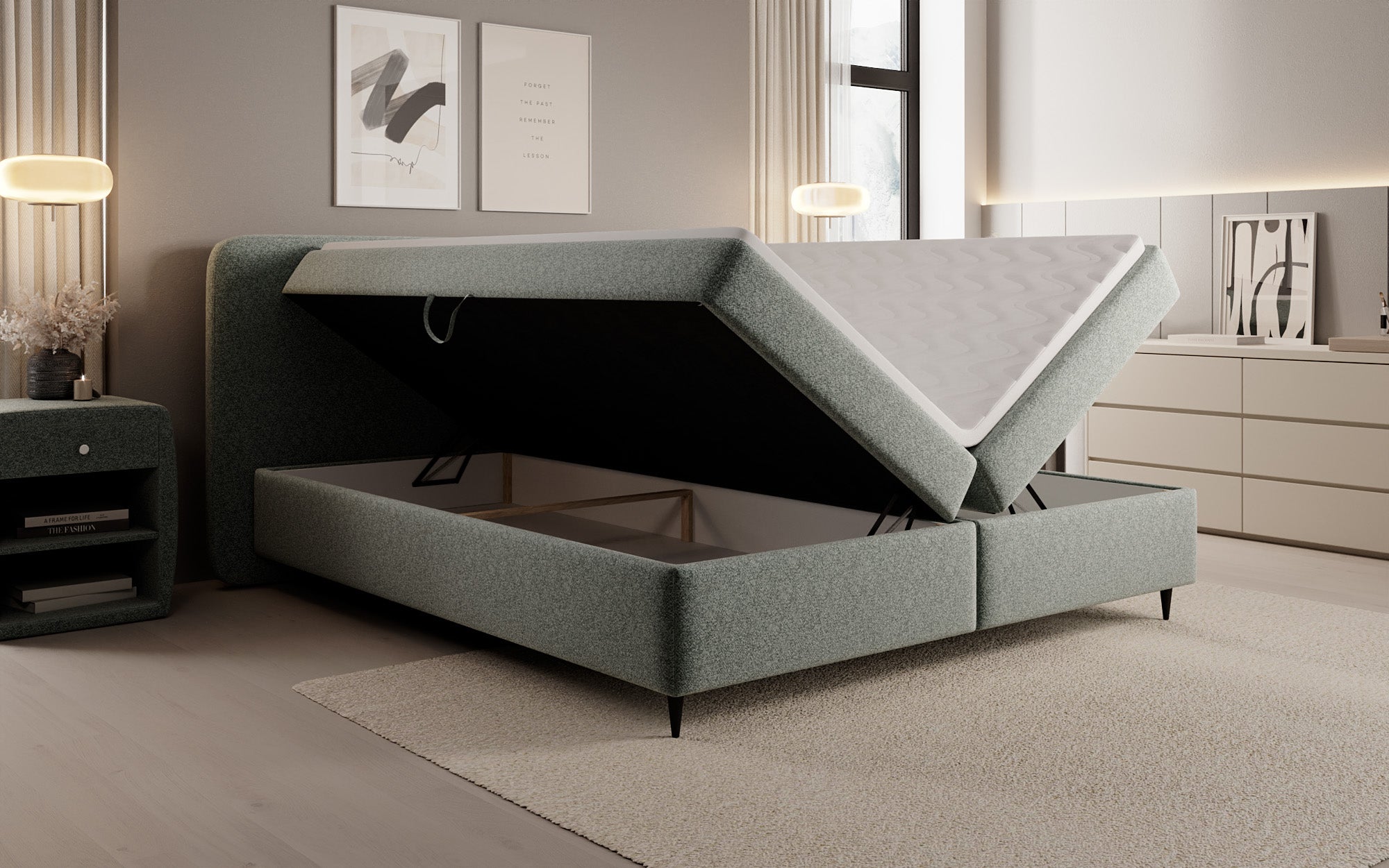 Boxspringbett Nea am Strukturstoff mat Stauraum