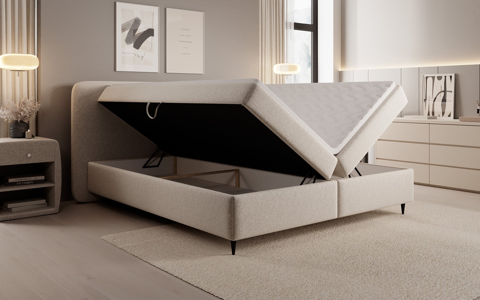 Boxspringbett Nea am Strukturstoff mat Stauraum