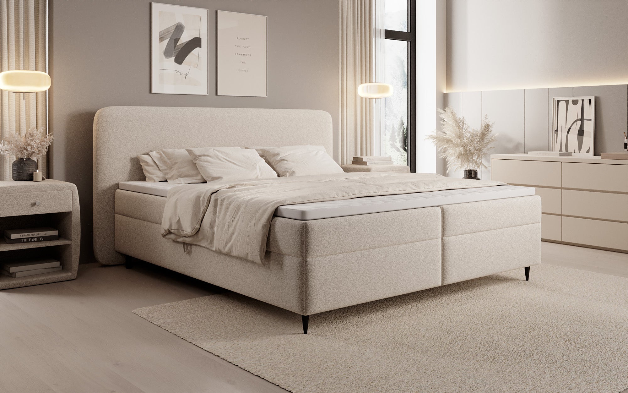 Boxspringbett Nea am Strukturstoff mat Stauraum