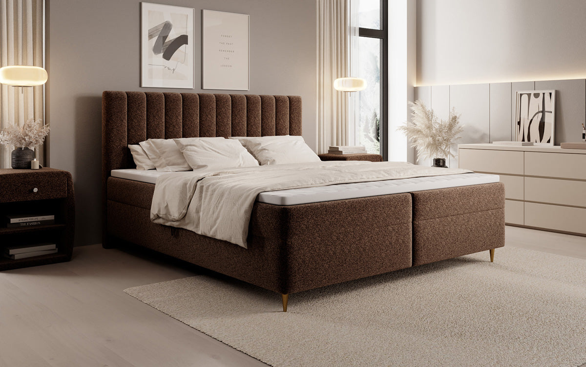 Lit boxspring Chelsea en tissu texturé avec espace de rangement