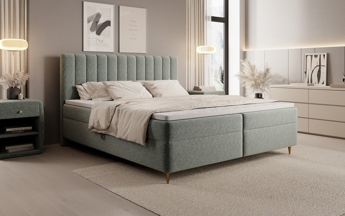 Lit boxspring Chelsea en tissu texturé avec espace de rangement