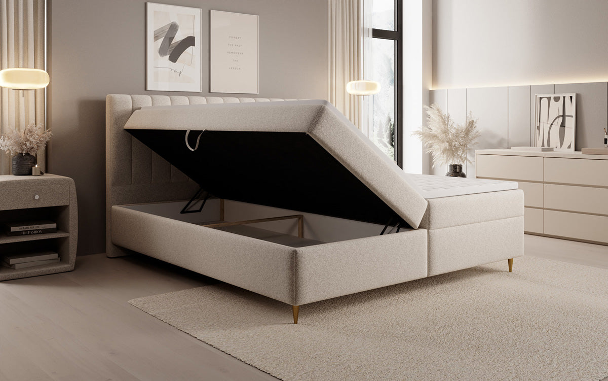 Lit boxspring Chelsea en tissu texturé avec espace de rangement