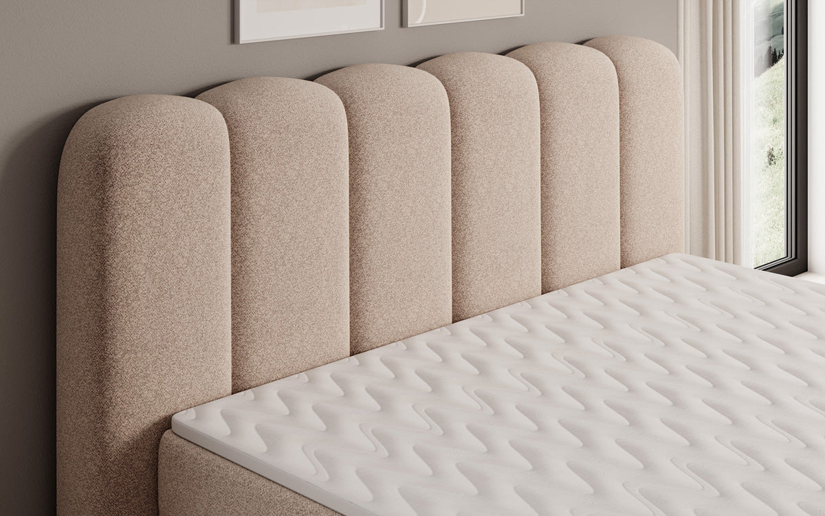 Lit boxspring Bologna en tissu texturé avec espace de rangement