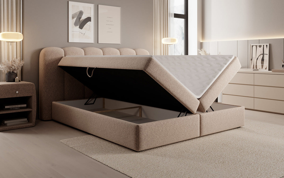 Lit boxspring Bologna en tissu texturé avec espace de rangement