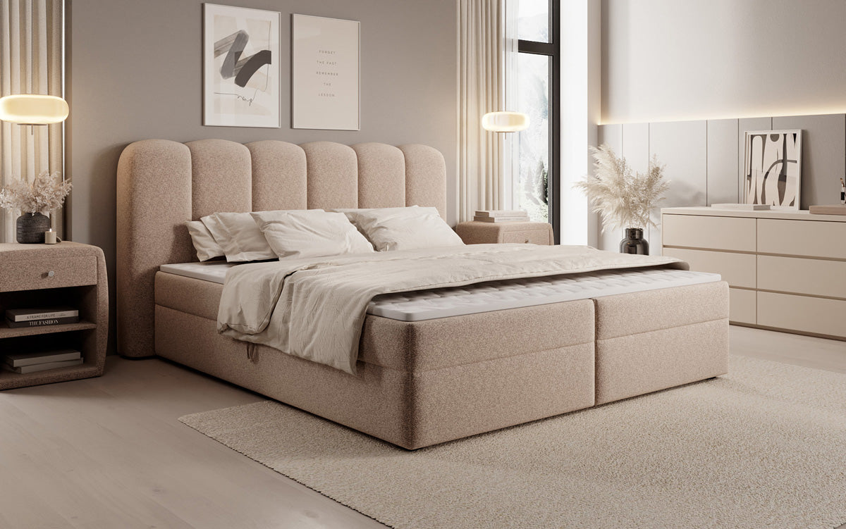 Lit boxspring Bologna en tissu texturé avec espace de rangement
