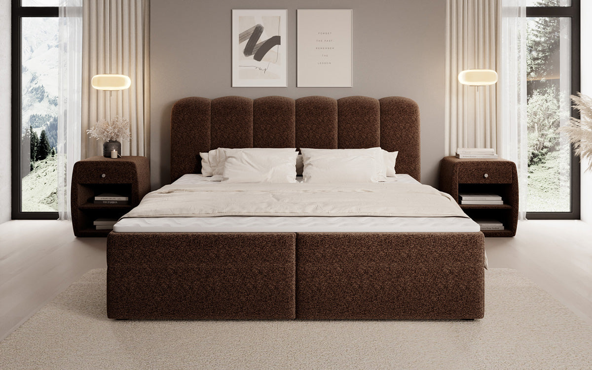 Lit boxspring Bologna en tissu texturé avec espace de rangement