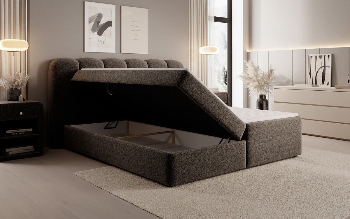 Lit boxspring Bologna en tissu texturé avec espace de rangement