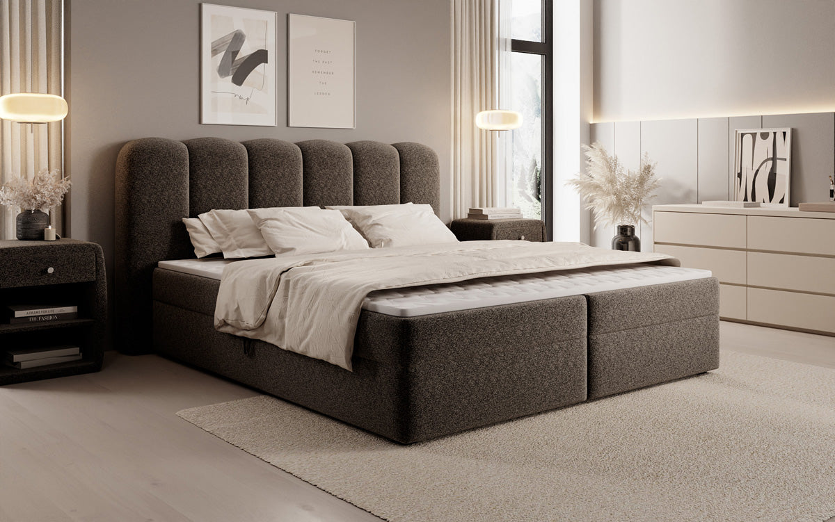 Lit boxspring Bologna en tissu texturé avec espace de rangement