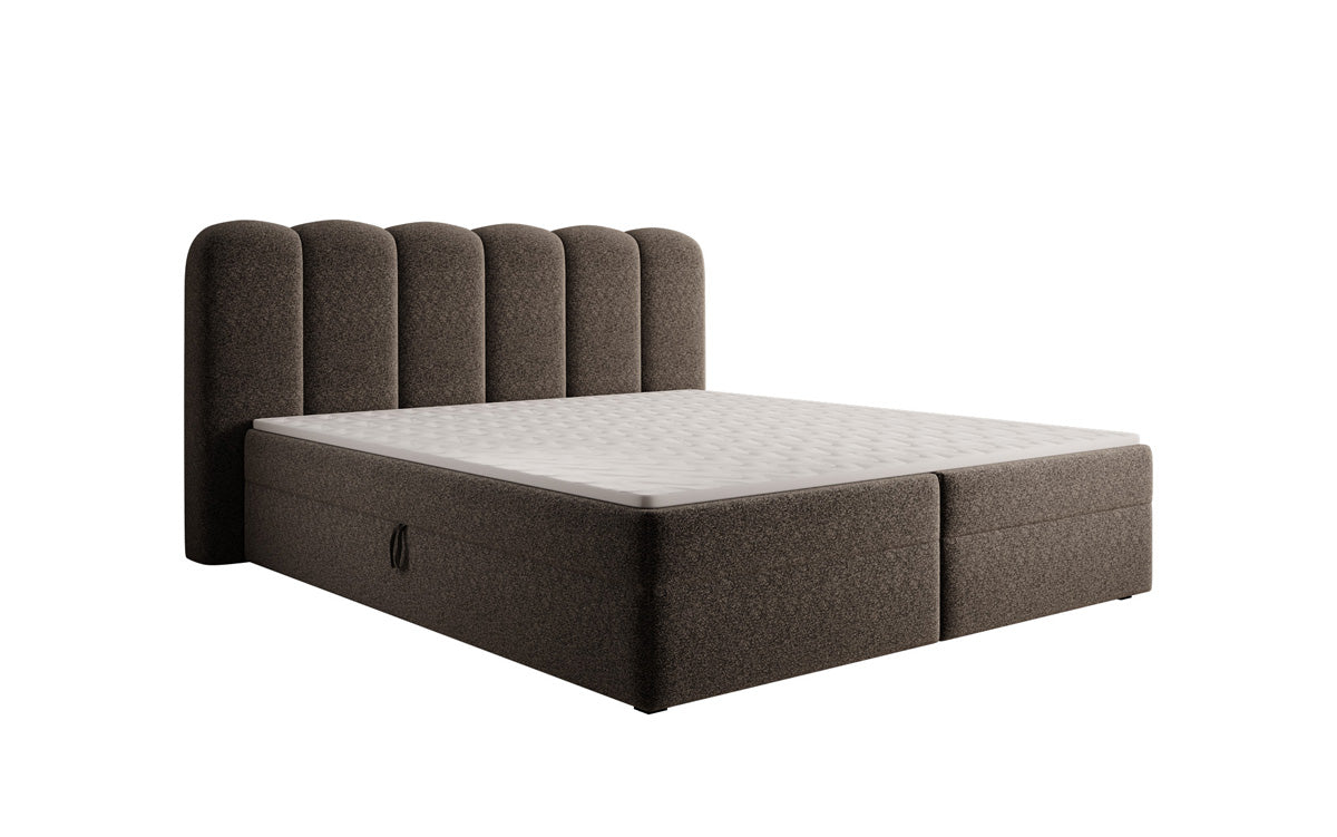 Lit boxspring Bologna en tissu texturé avec espace de rangement