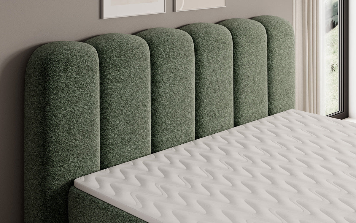 Lit boxspring Bologna en tissu texturé avec espace de rangement
