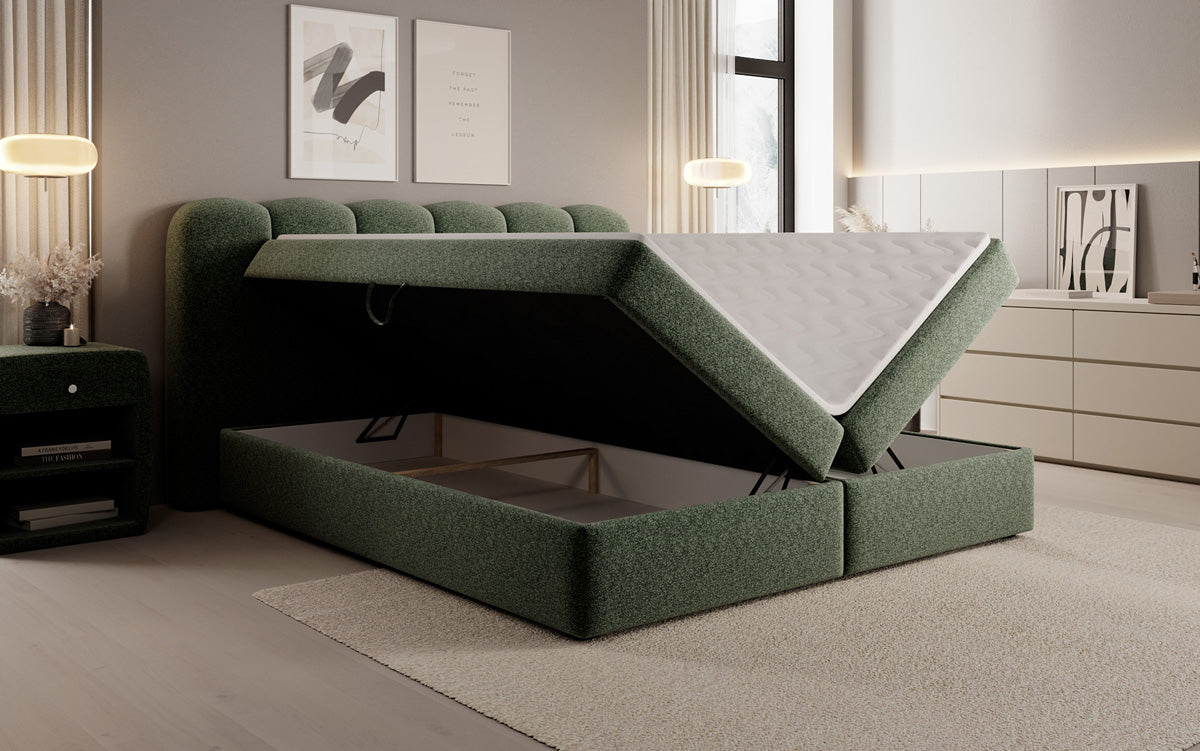 Lit boxspring Bologna en tissu texturé avec espace de rangement