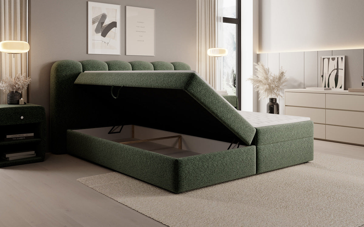 Lit boxspring Bologna en tissu texturé avec espace de rangement