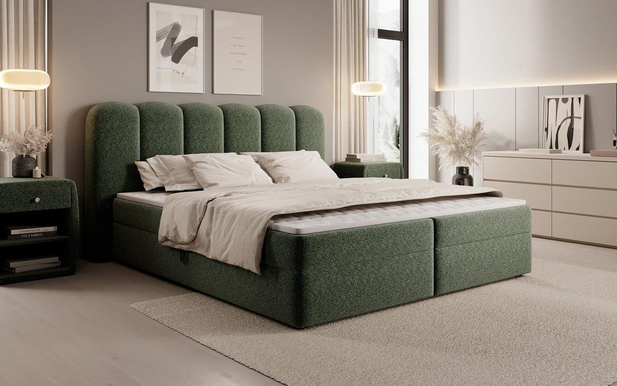 Lit boxspring Bologna en tissu texturé avec espace de rangement