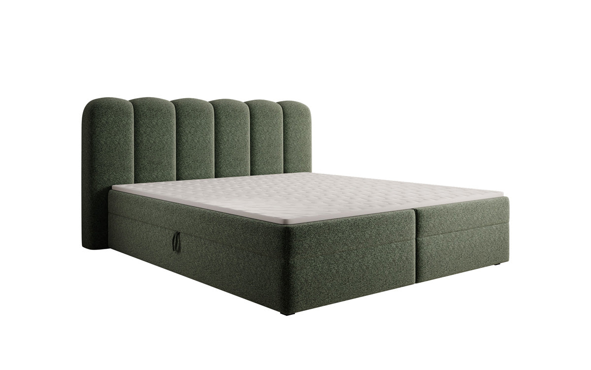 Lit boxspring Bologna en tissu texturé avec espace de rangement