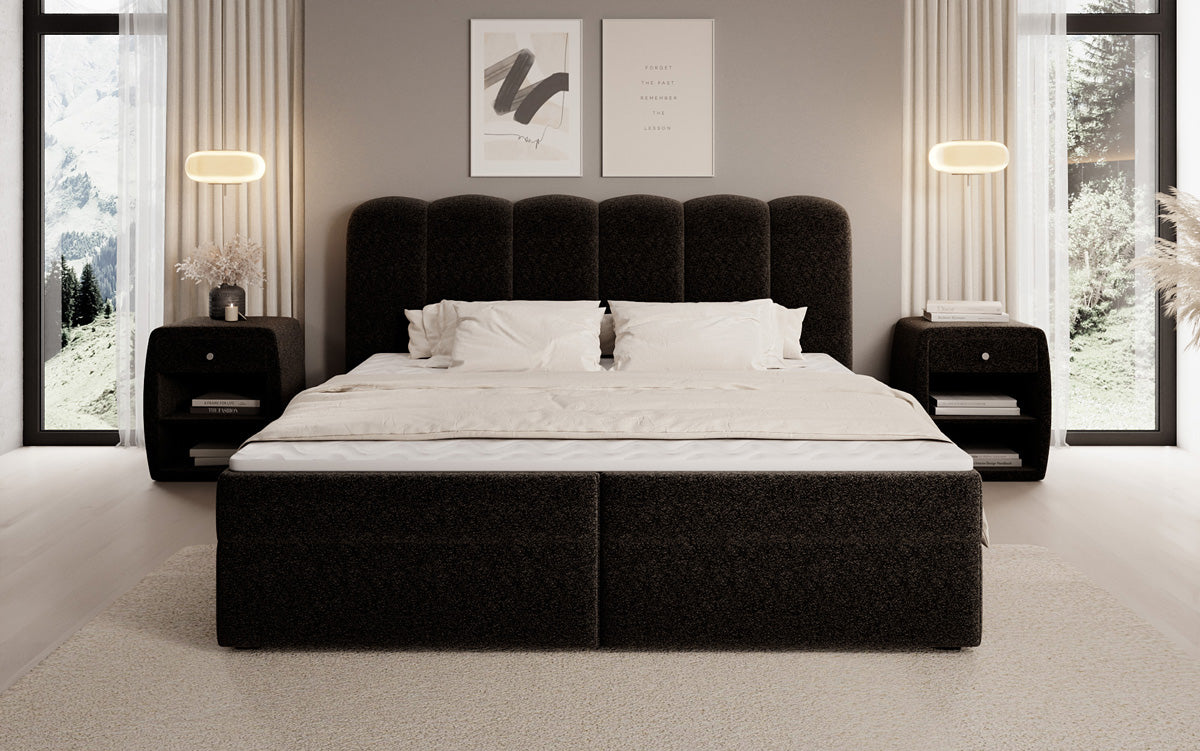 Lit boxspring Bologna en tissu texturé avec espace de rangement
