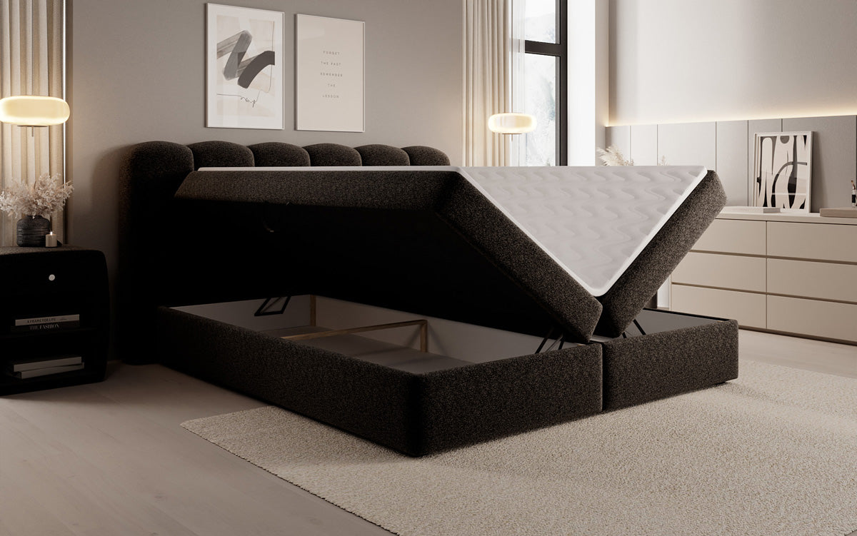 Lit boxspring Bologna en tissu texturé avec espace de rangement