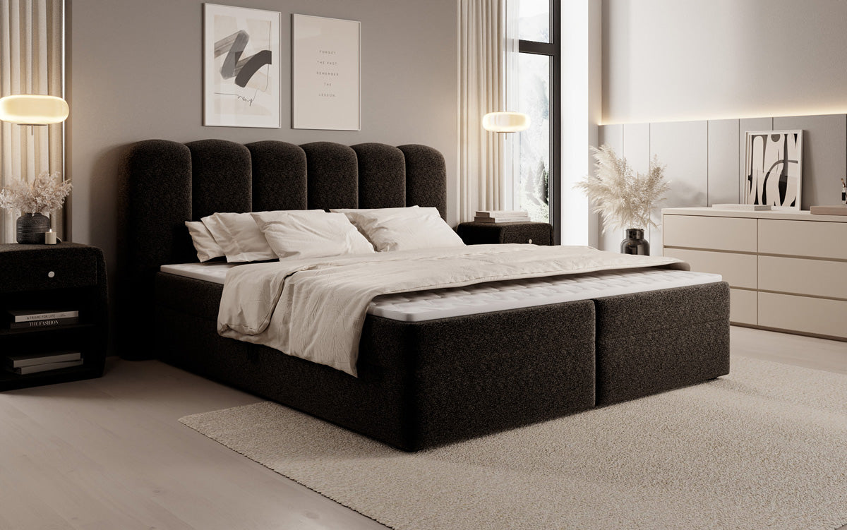 Lit boxspring Bologna en tissu texturé avec espace de rangement