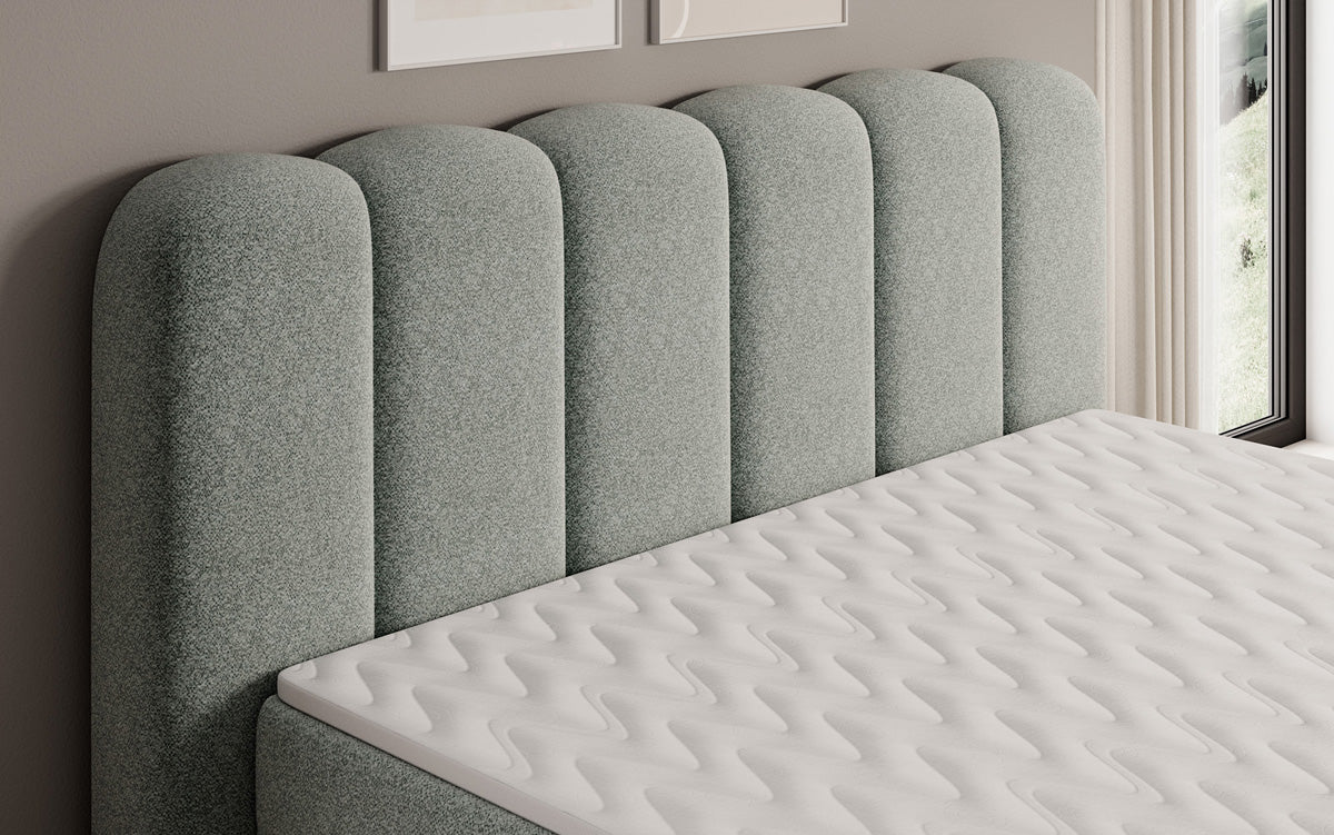 Lit boxspring Bologna en tissu texturé avec espace de rangement