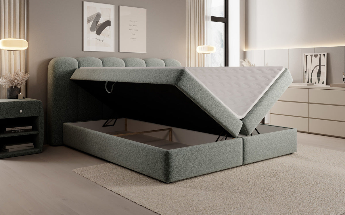 Lit boxspring Bologna en tissu texturé avec espace de rangement