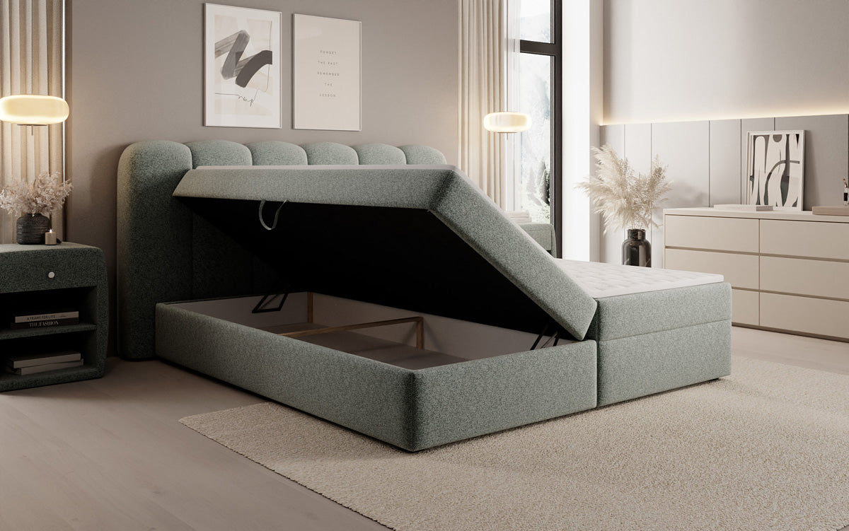 Lit boxspring Bologna en tissu texturé avec espace de rangement