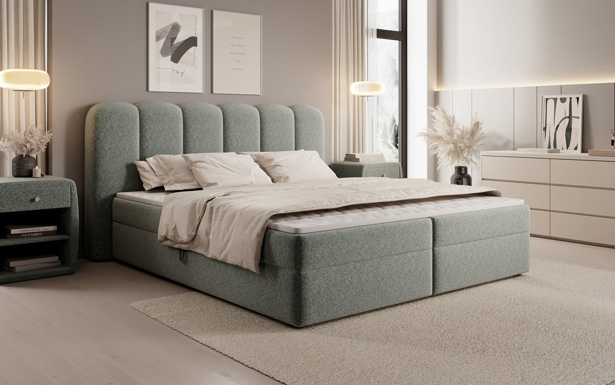 Lit boxspring Bologna en tissu texturé avec espace de rangement