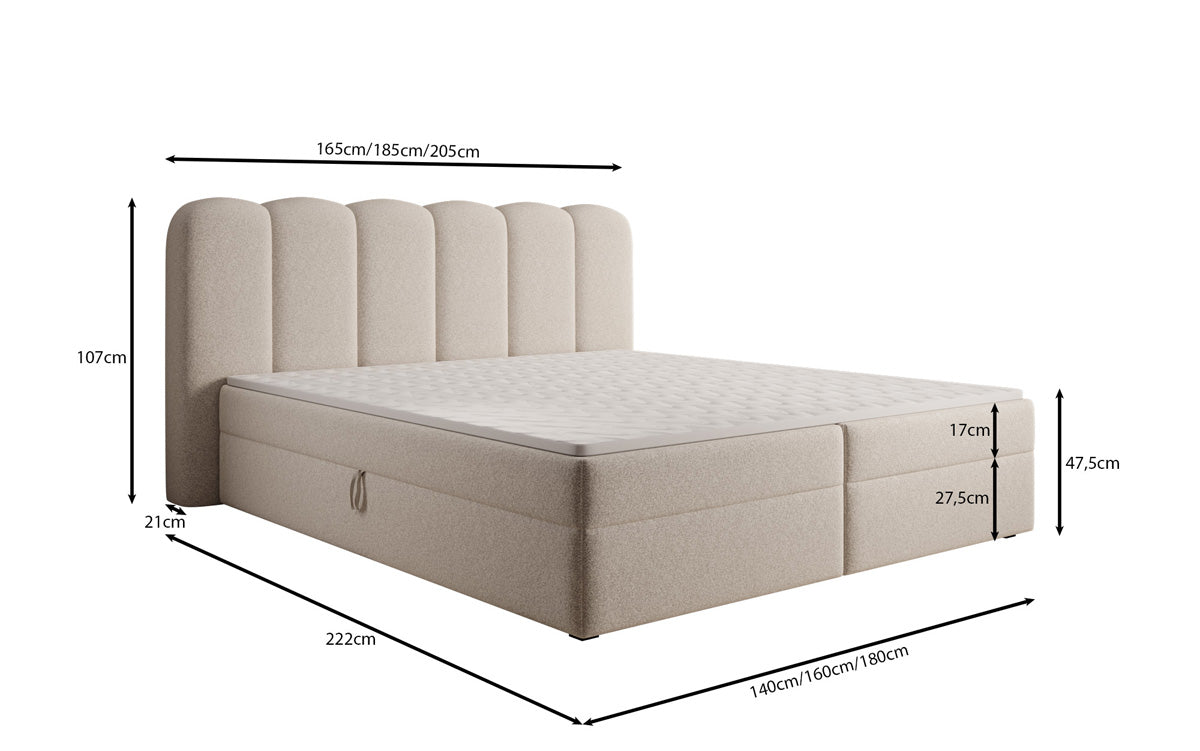 Lit boxspring Bologna en tissu texturé avec espace de rangement