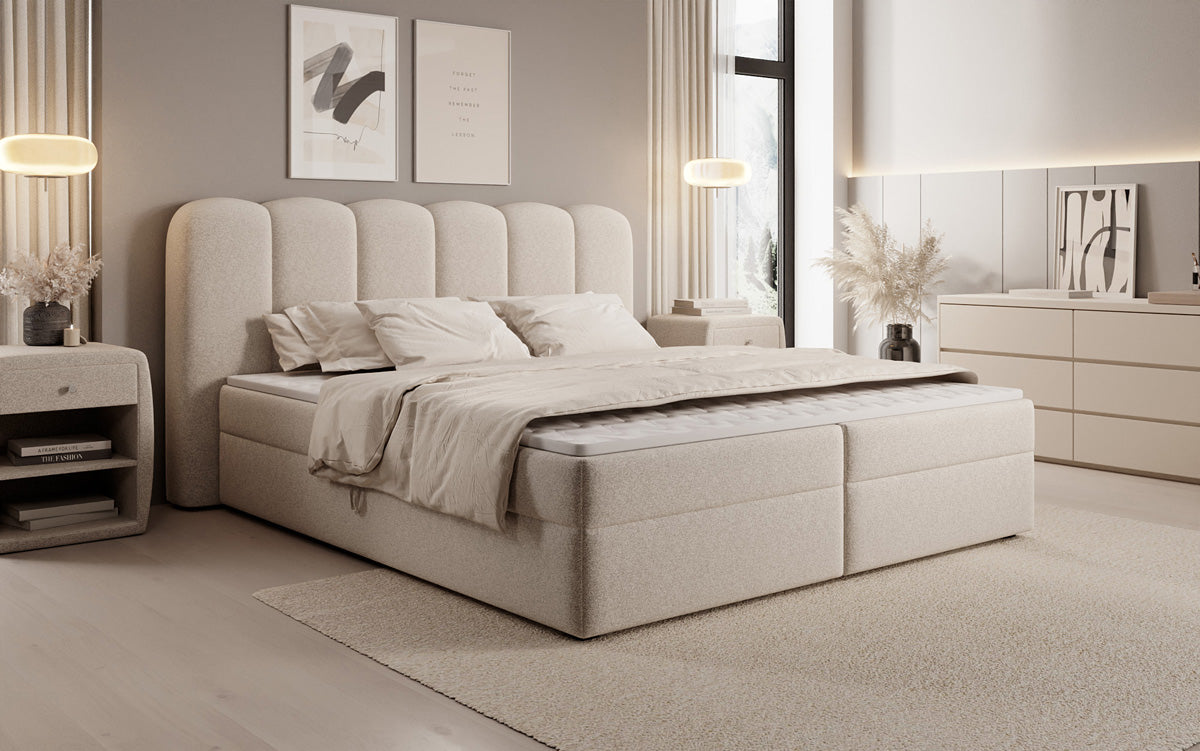 Lit boxspring Bologna en tissu texturé avec espace de rangement