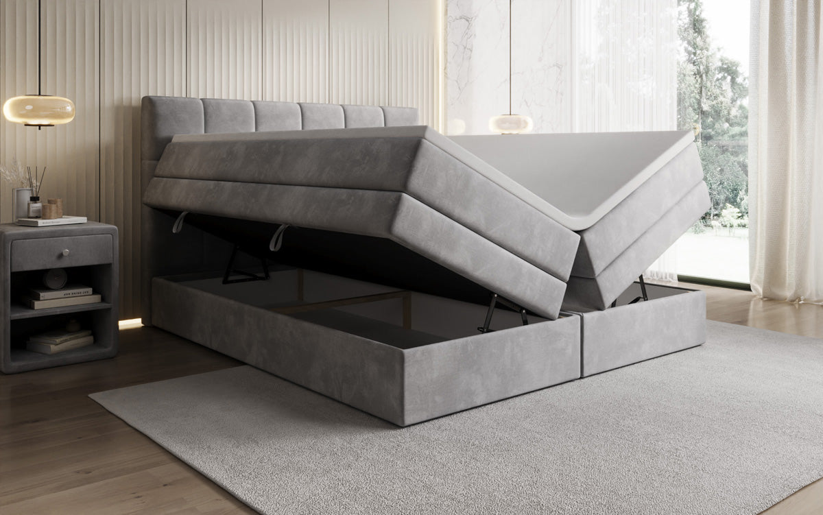 Windsor box spring bed with storage in velvet