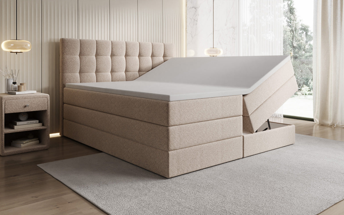 Lit boxspring Grandé en tissu texturé avec espace de rangement