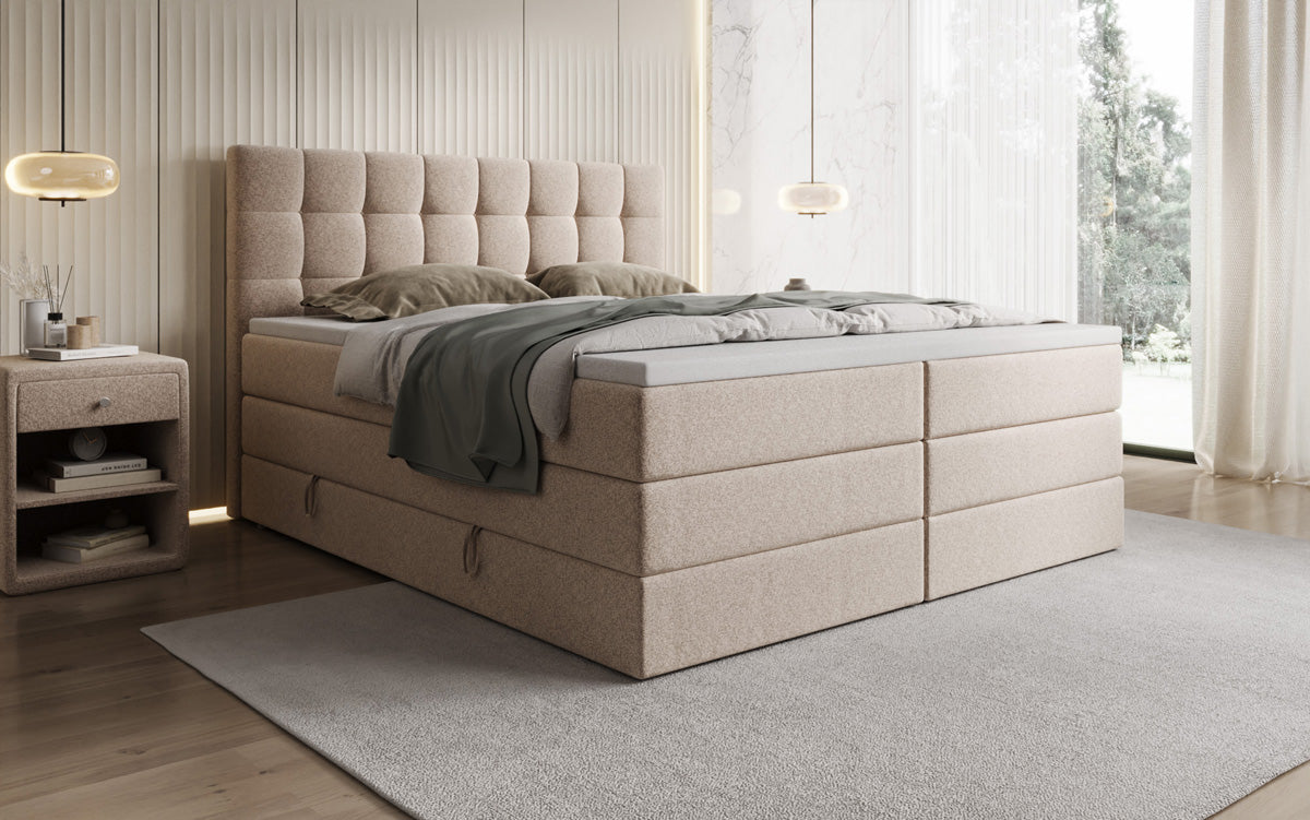 Lit boxspring Grandé en tissu texturé avec espace de rangement