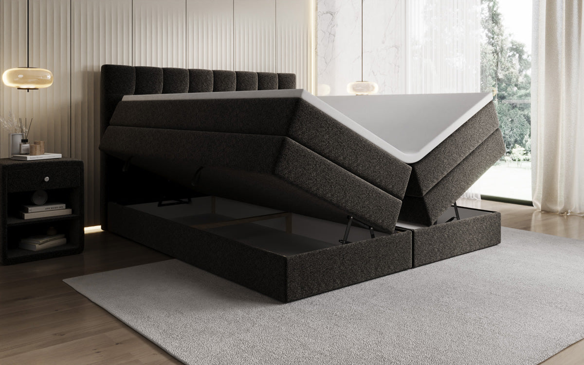 Lit boxspring Grandé en tissu texturé avec espace de rangement
