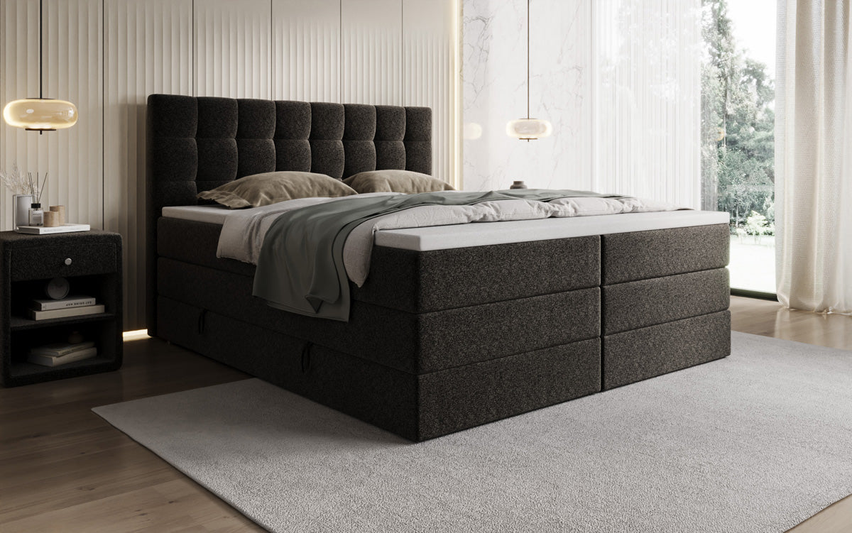 Lit boxspring Grandé en tissu texturé avec espace de rangement