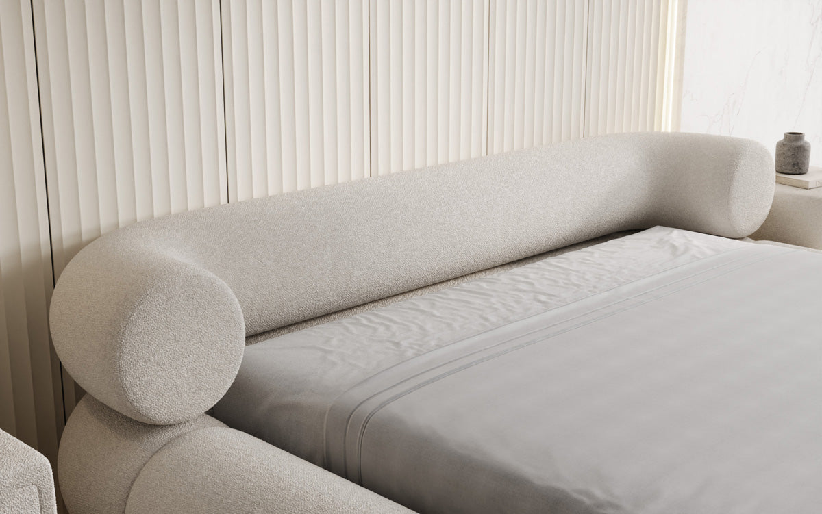 Designer upholstered bed Mochi in teddy bouclé with storage space