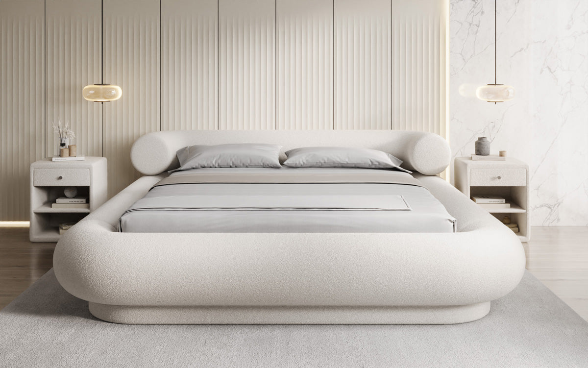 Designer upholstered bed Mochi in teddy bouclé with storage space