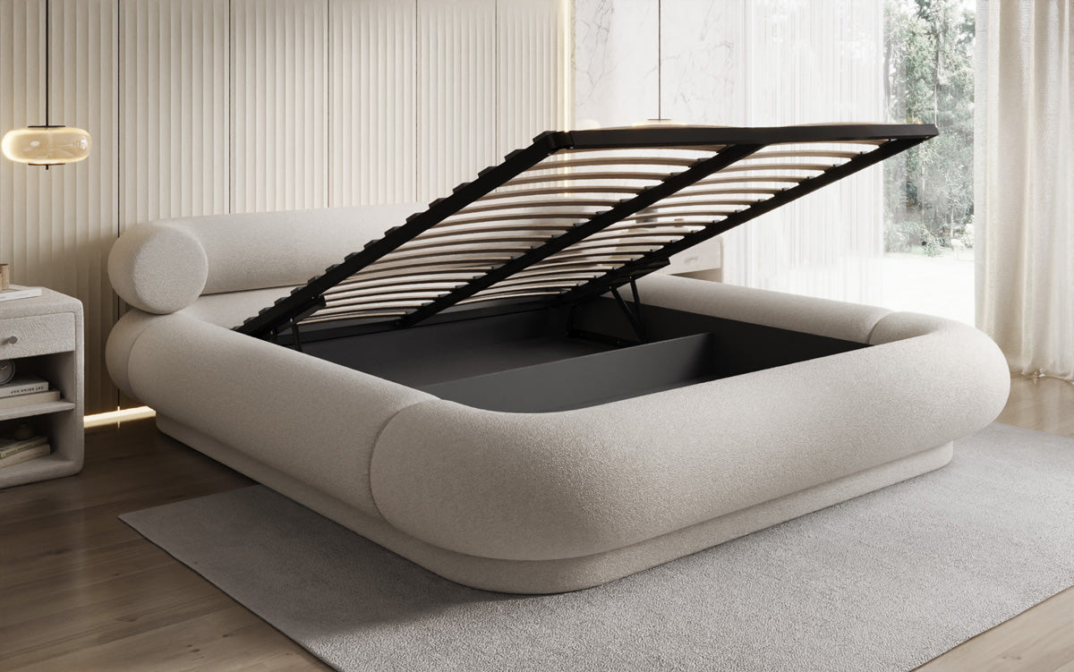 Designer upholstered bed Mochi in teddy bouclé with storage space