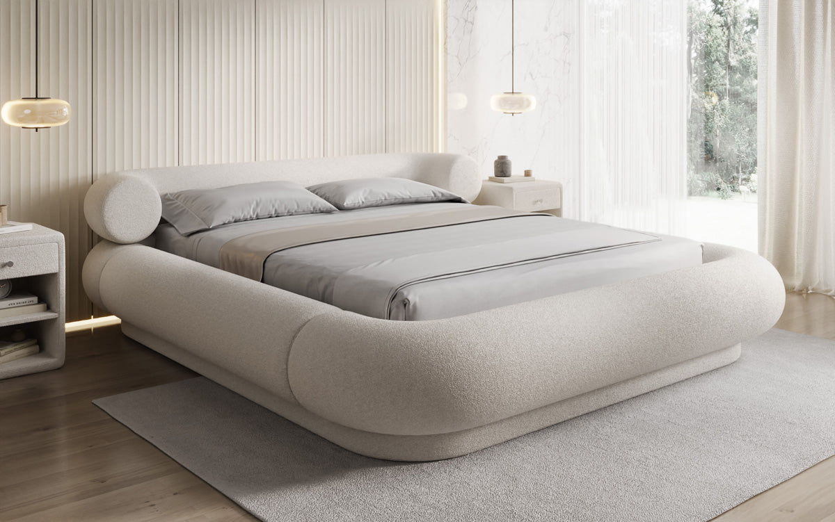 Designer upholstered bed Mochi in teddy bouclé with storage space
