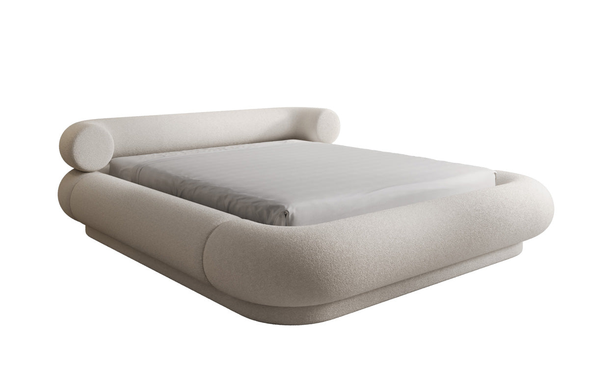 Designer upholstered bed Mochi in teddy bouclé with storage space