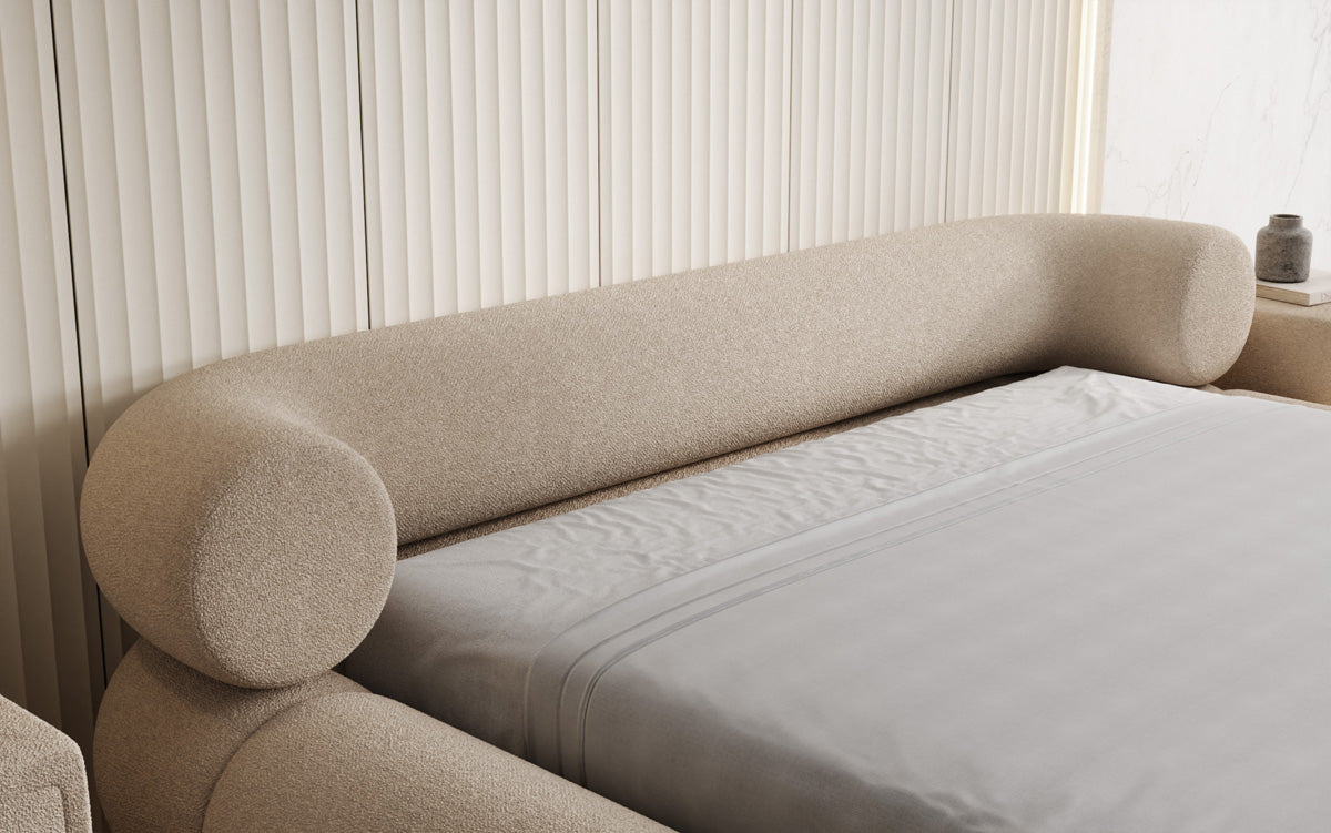 Designer upholstered bed Mochi in teddy bouclé with storage space