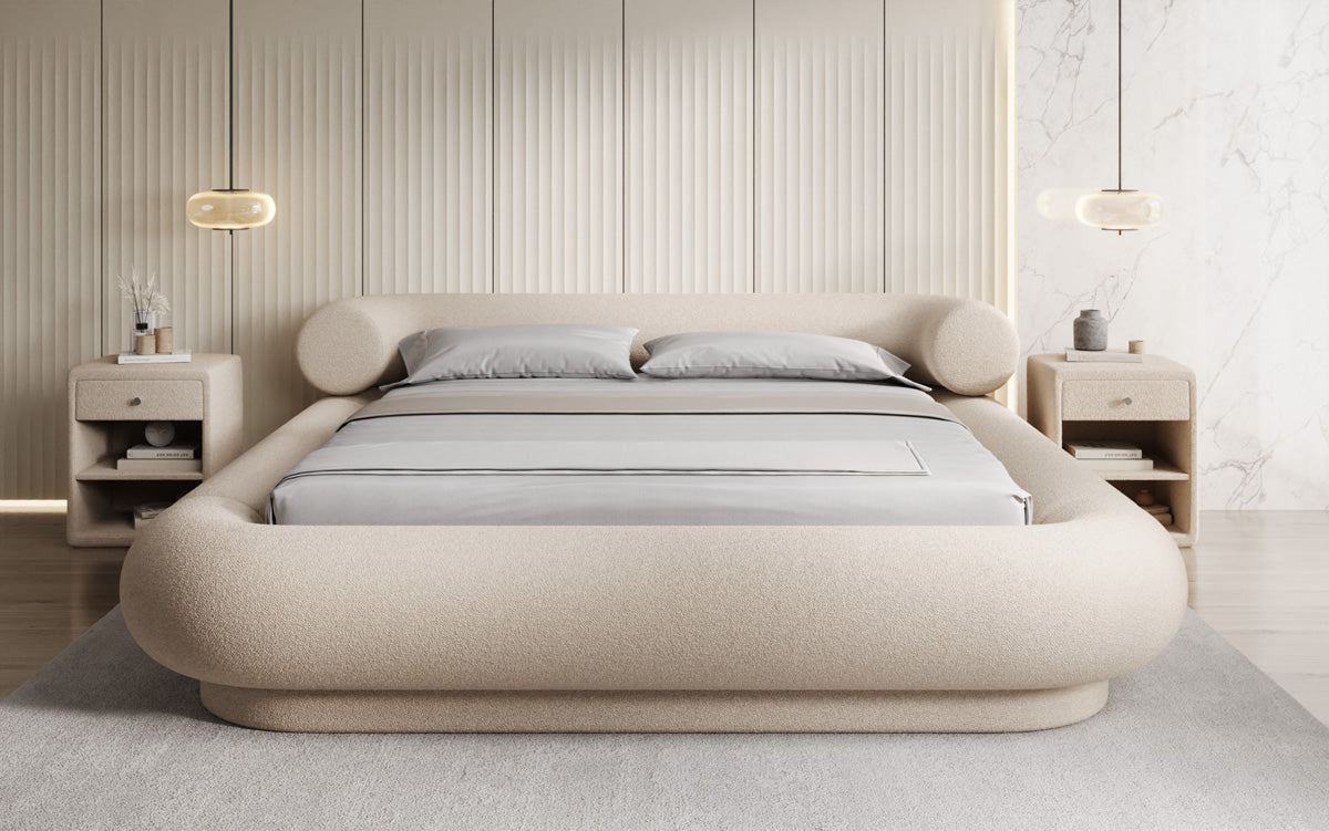 Designer upholstered bed Mochi in teddy bouclé with storage space