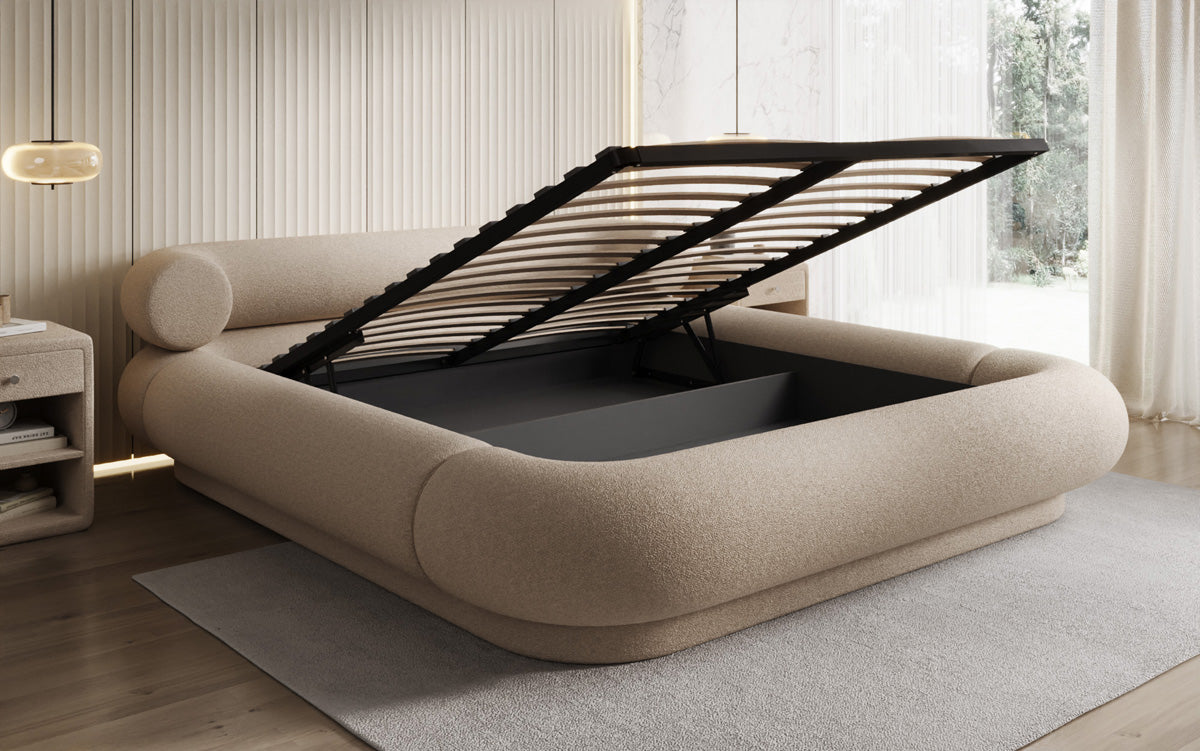 Designer upholstered bed Mochi in teddy bouclé with storage space