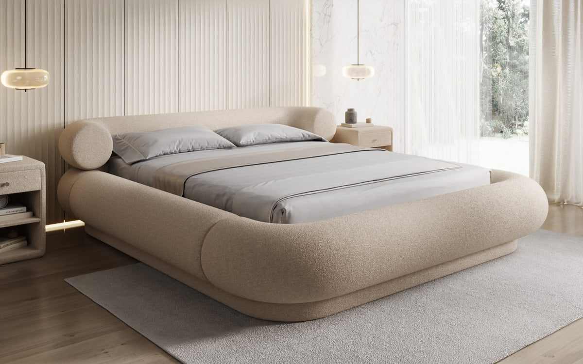 Designer upholstered bed Mochi in teddy bouclé with storage space