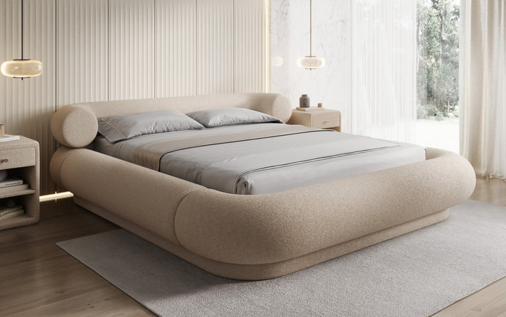 Designer-Polsterbett Mochi aus Teddy-Bouclé mat Stauraum