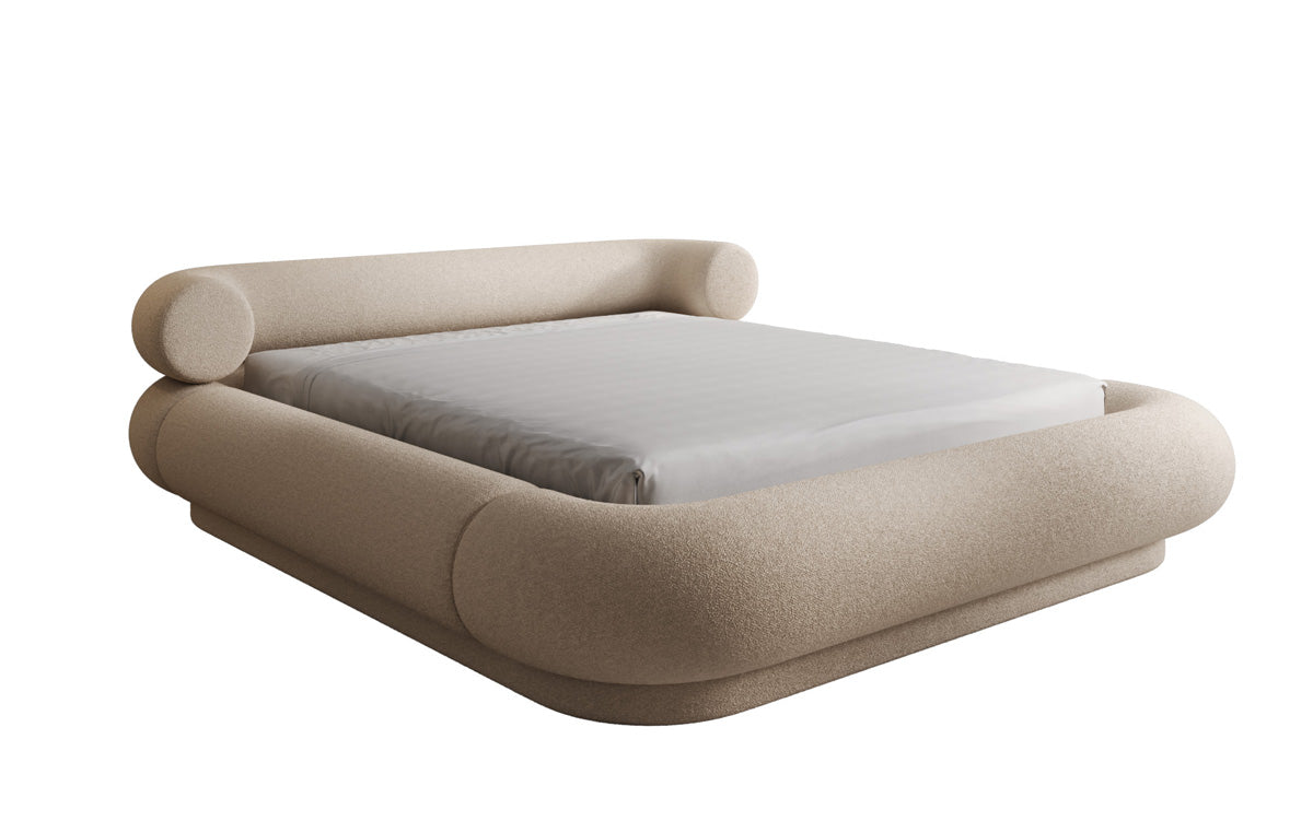 Designer upholstered bed Mochi in teddy bouclé with storage space