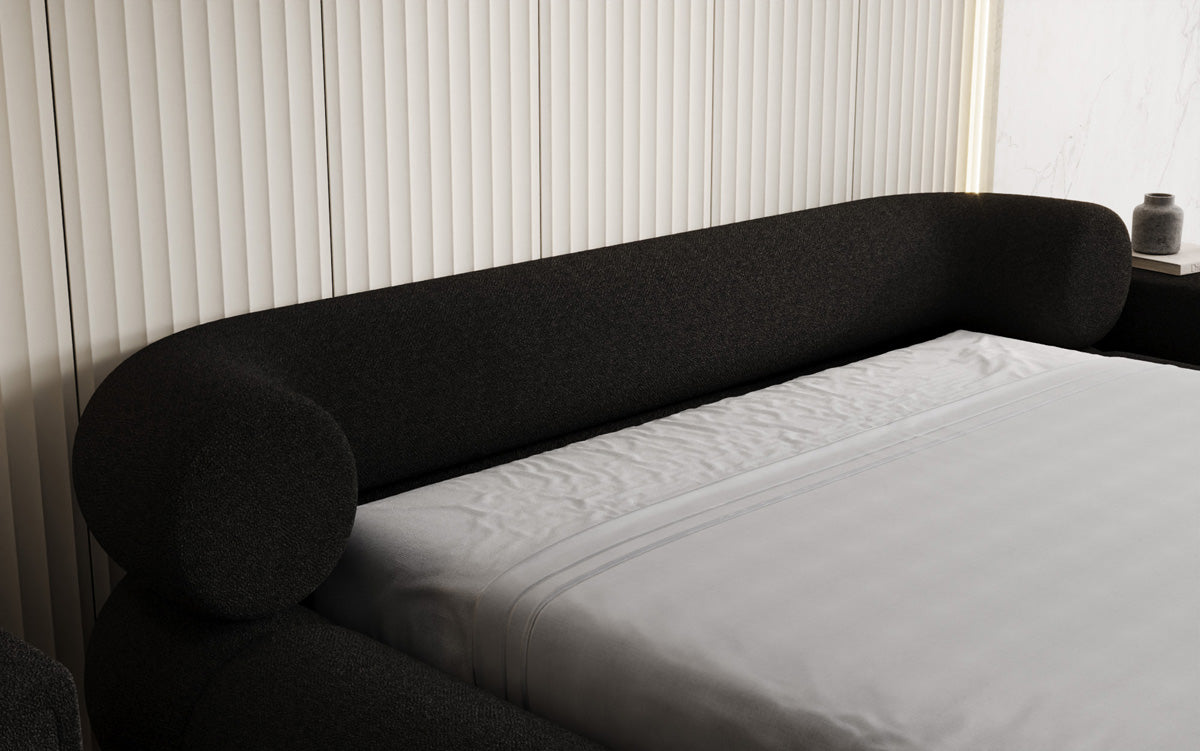 Designer upholstered bed Mochi in teddy bouclé with storage space