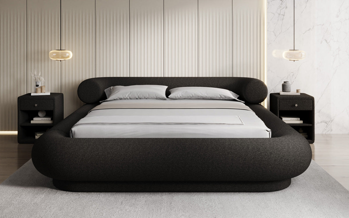 Designer upholstered bed Mochi in teddy bouclé with storage space
