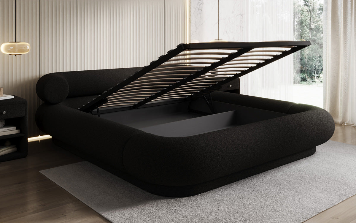 Designer upholstered bed Mochi in teddy bouclé with storage space
