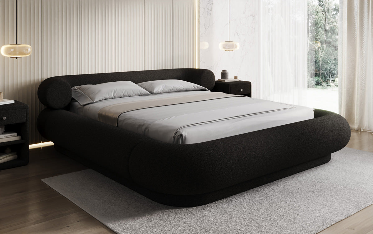 Designer upholstered bed Mochi in teddy bouclé with storage space