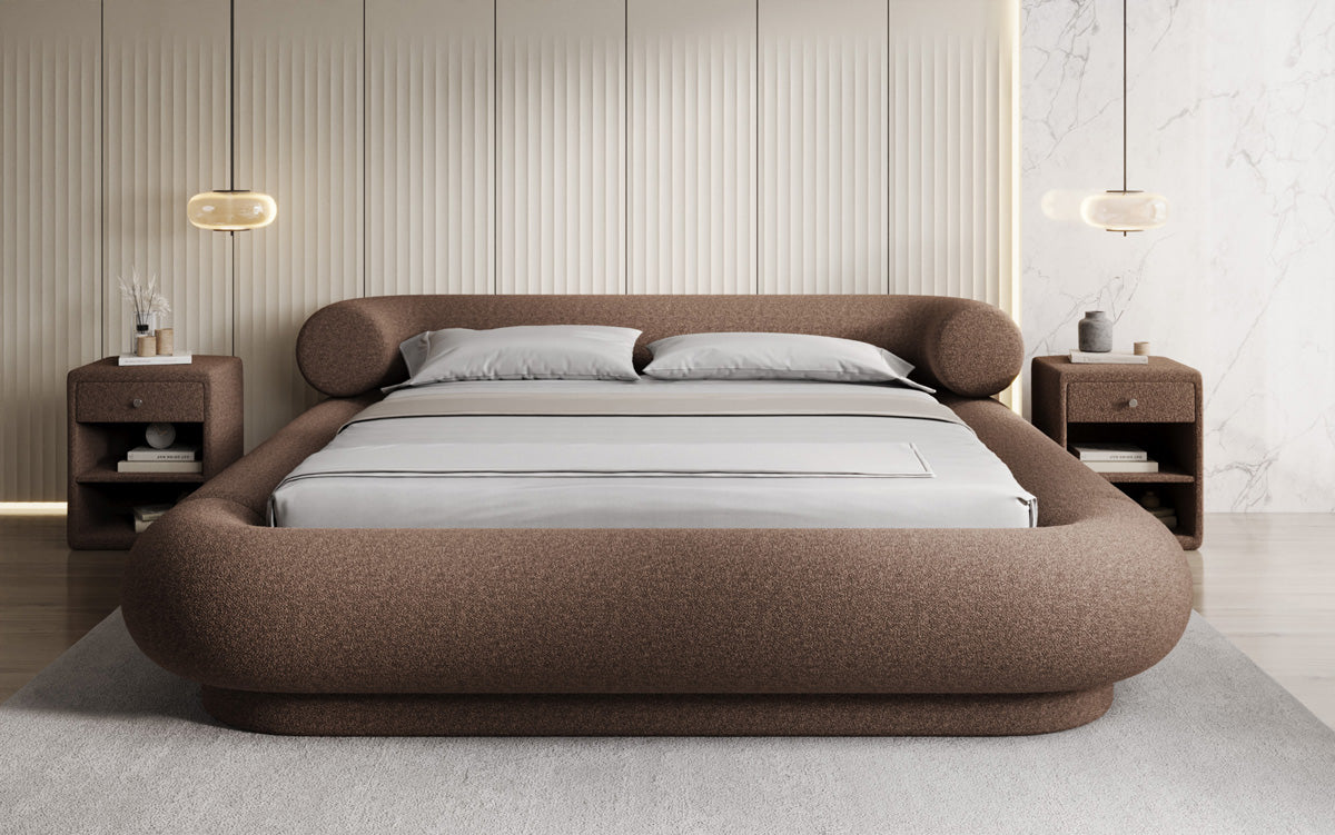 Designer upholstered bed Mochi in teddy bouclé with storage space
