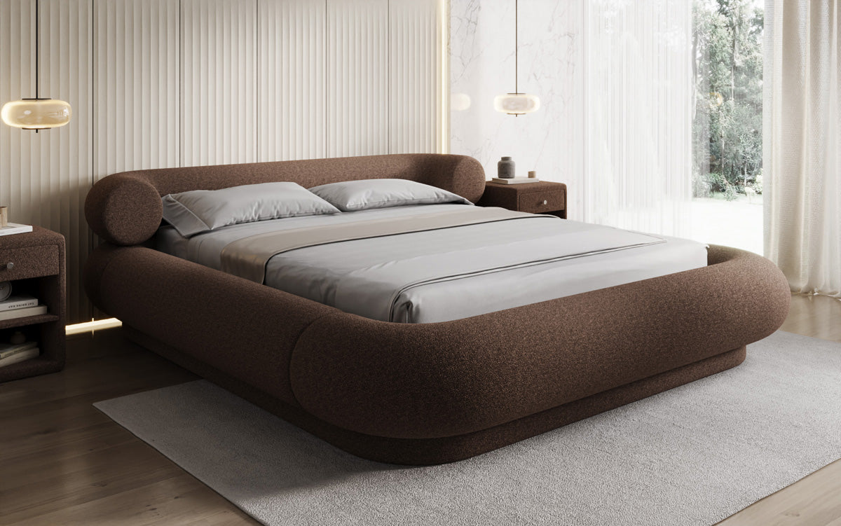 Designer upholstered bed Mochi in teddy bouclé with storage space