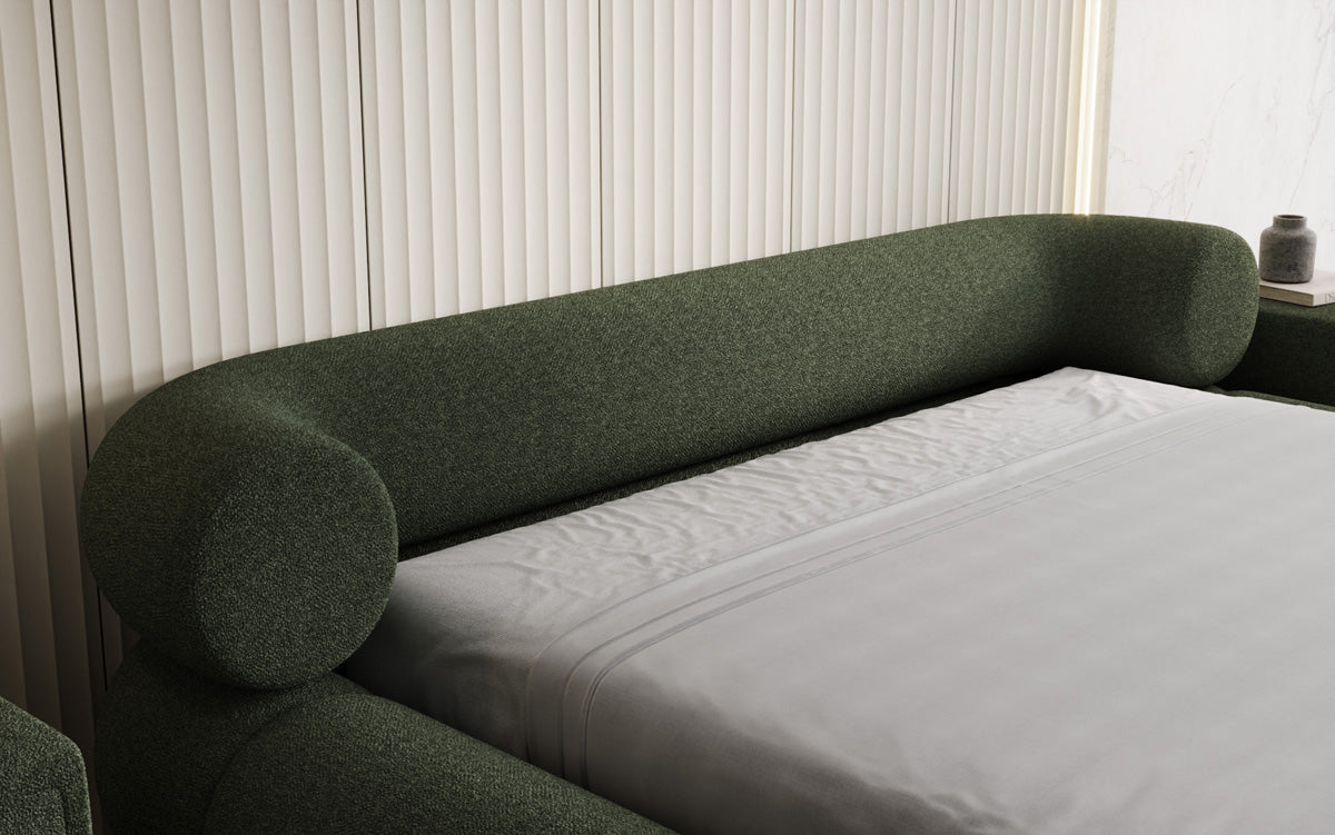 Designer upholstered bed Mochi in teddy bouclé with storage space